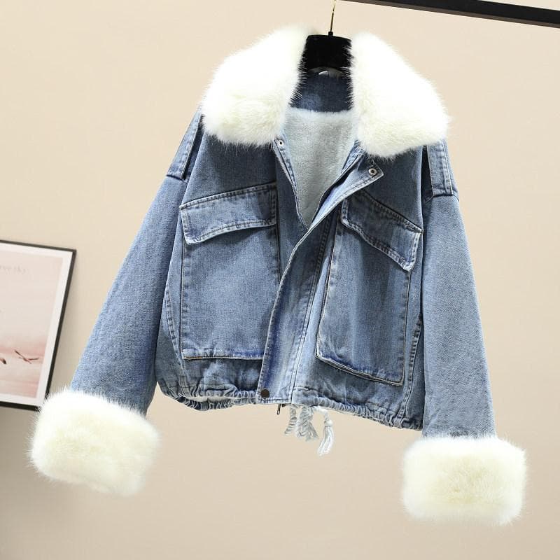Winter New Style Fur Collar Denim Jacket Loose Velvet Denim Jacket for Women M