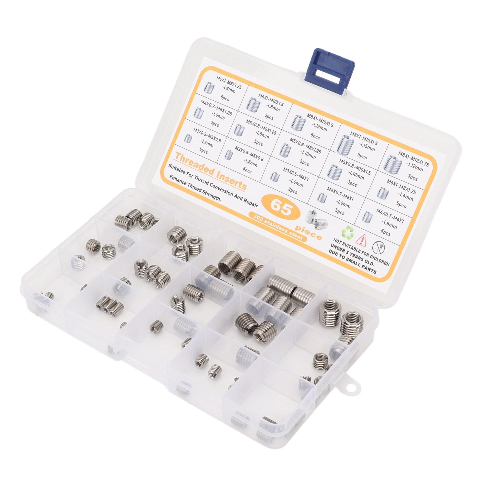 65PCS Threaded Insert Assortment Kit 303 Stainless Steel Thread Repair Sleeves Reducing Nuts