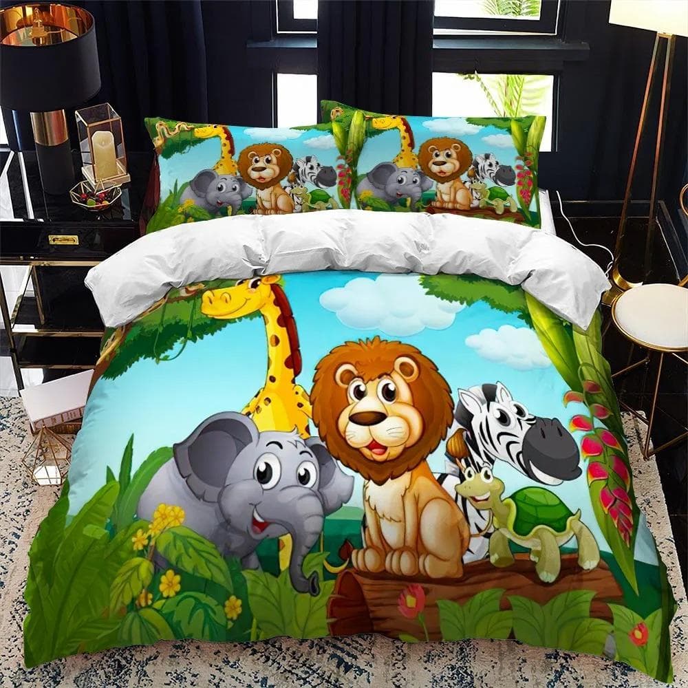 Cartoon Zoo Animal Bedding Set Boys Girls Twin Queen Size Duvet Cover Pillowcase Bed Kids Adult Fashion Home Textileextile US Queen 228x228cm