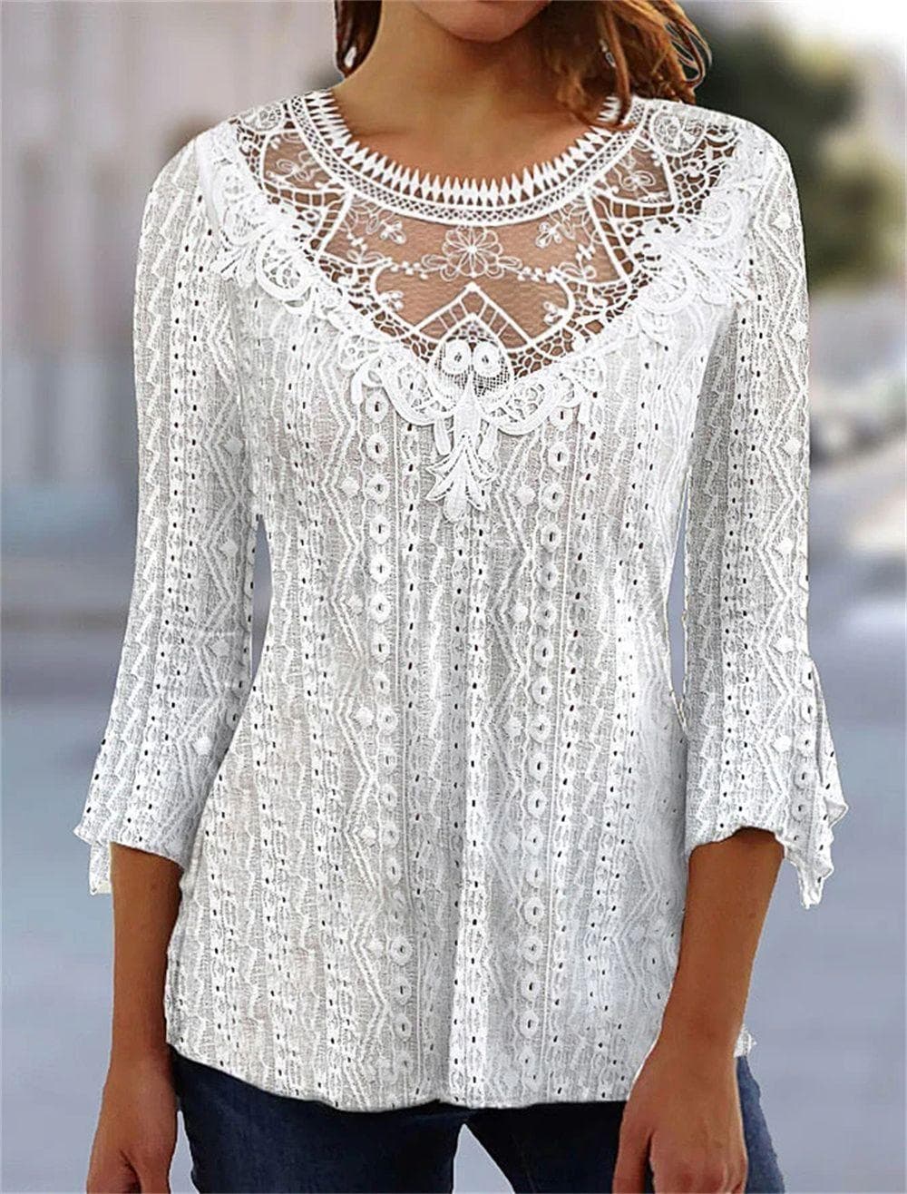 Women’s Casual Lace Deep V-Neck T-Shirts Comfortable Hollow Out 3/4 Sleeve Irregular Blouses Ladies Elegant Patchwork Pullover Tops 2XL white