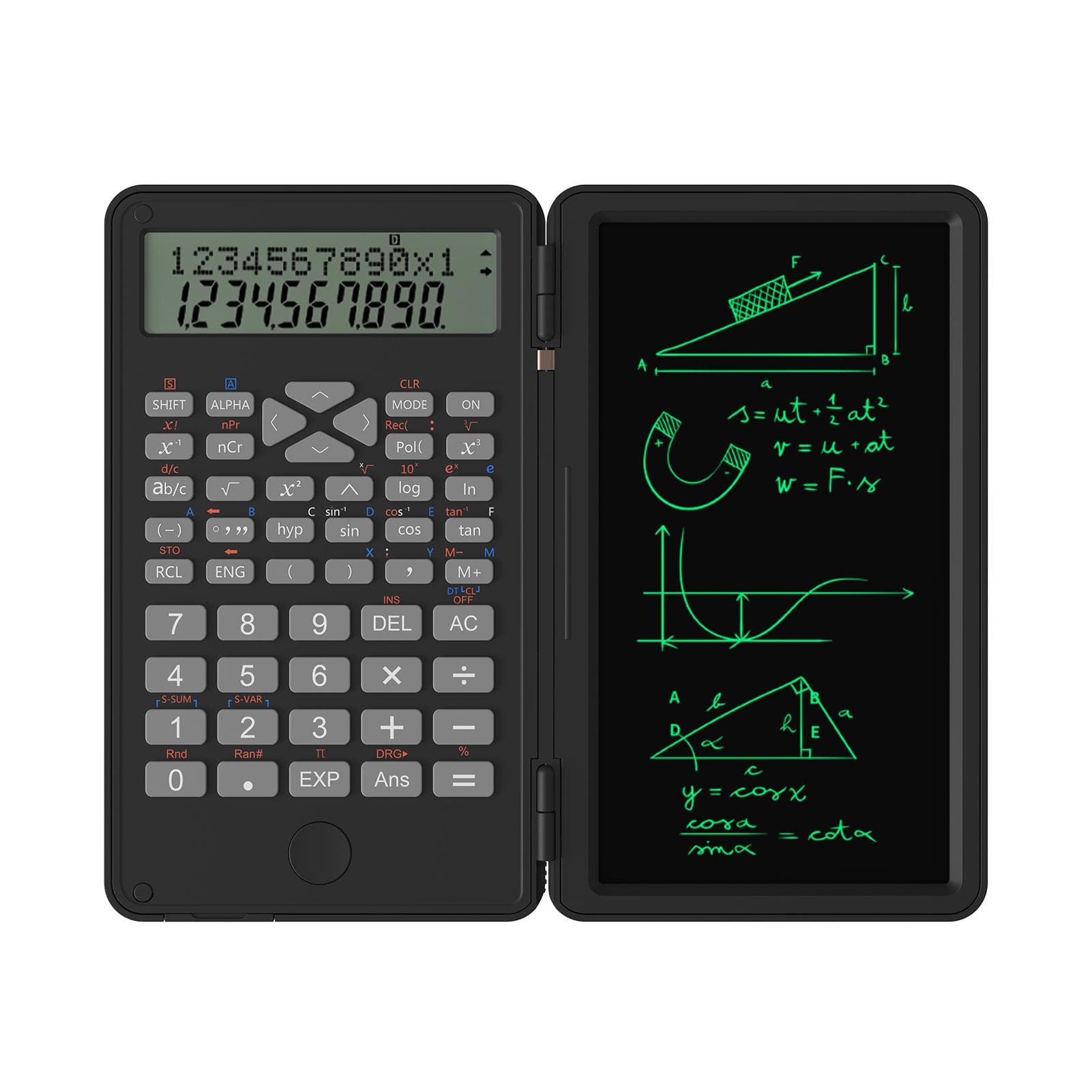 Scientific Calculator with Erasable Writing Board 240 Functions 2 Line LCD Display Foldable black