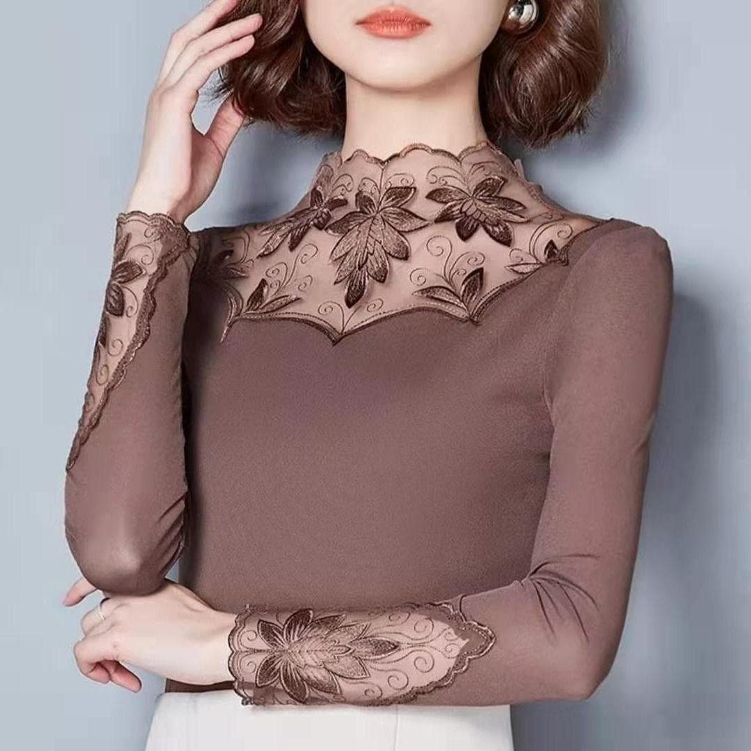 Lace T-shirt Women's Spring and Autumn Mesh Backing Shirt Women's Warm High Elastic T-shirt Slim Fit Top M khaki