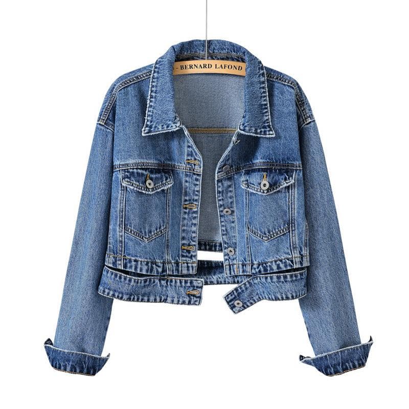 Denim jacket women's spring and autumn new retro black high waist denim short jacket top 3XL blue