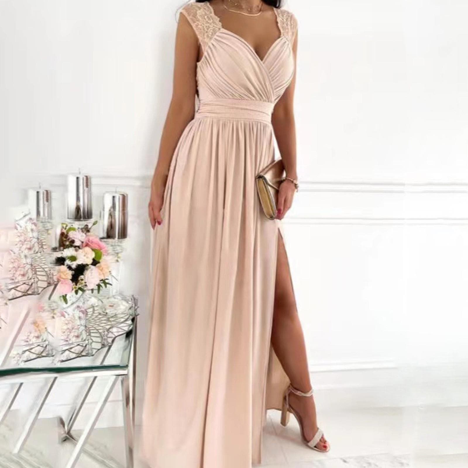 Womens Fashion Casual Maxi Dress Sleeveless Elegant Split Long Dresses Lace Party Dress S beige