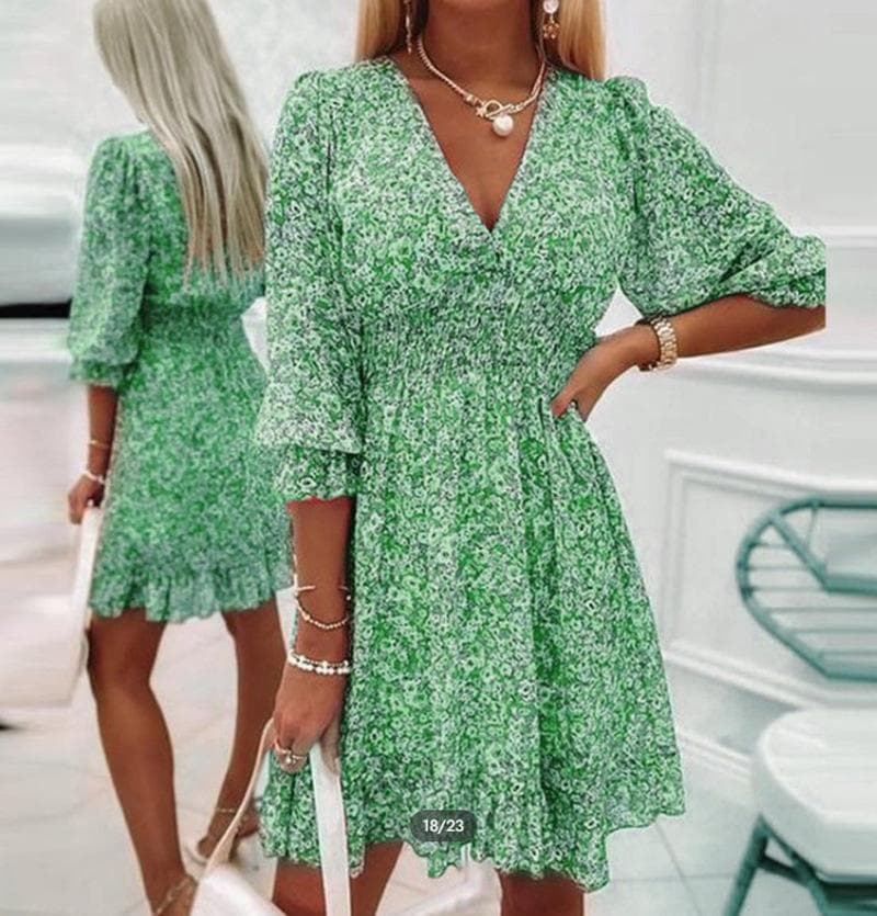 Summer Floral Mini Dresses Women Vintage Sexy V Neck Half Sleeve A-Line Party Dress Female Casual Elegant Beach Dress S green