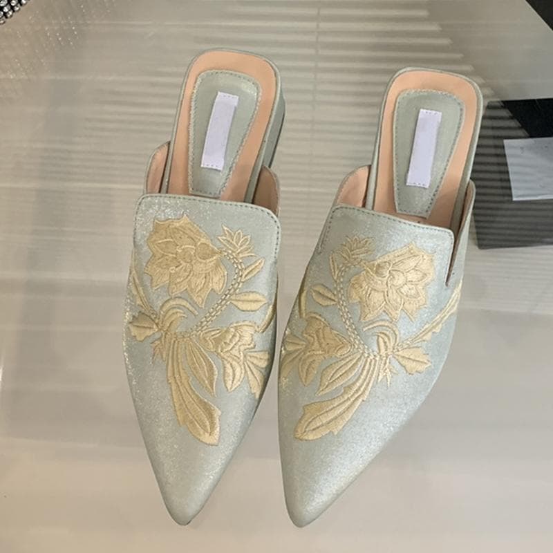 Liyke High Quality Handwork Embroidery Women Mules Low Square Heels Half Slippers Cozy Silk Pointed Toe Party Dress Shoes Pumps 38 green