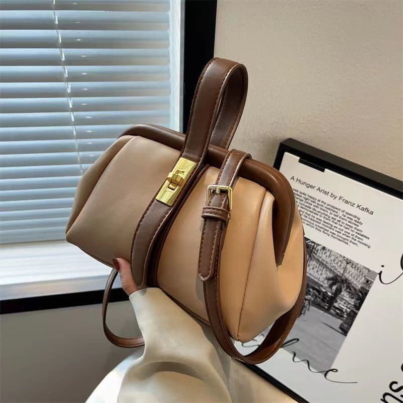 Women's Handbag Collision Color Handbag Small Package Senior Sense of Fashion Niche Design Soft Leather Versatile Crossbody Bag 27*10*15cm khaki