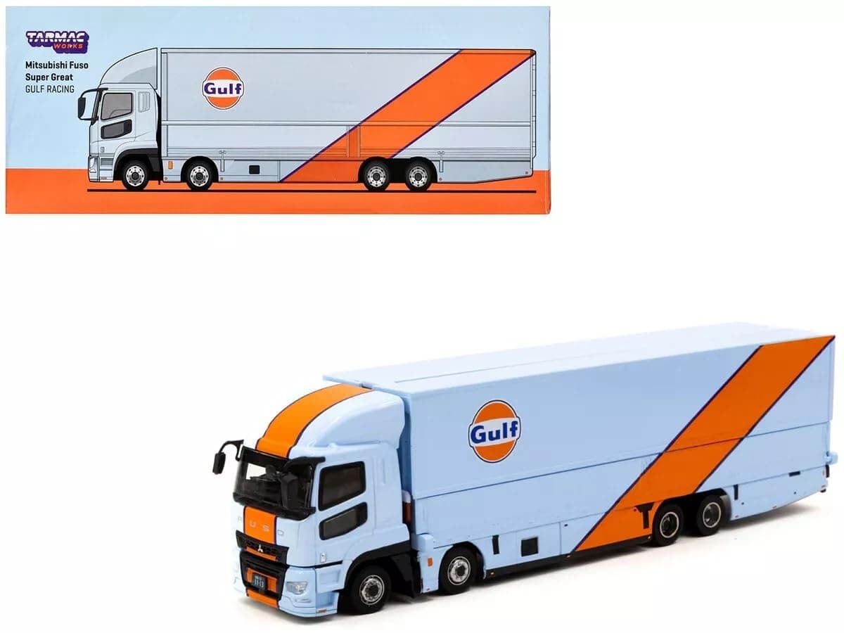 Tarmac Works 1/64 Mitsubishi Fuso Super Great Truck Gulf Racing Transporter Tarmac Works Fuso Super Great Transporter GULF Racing Diecast Car [Paralle