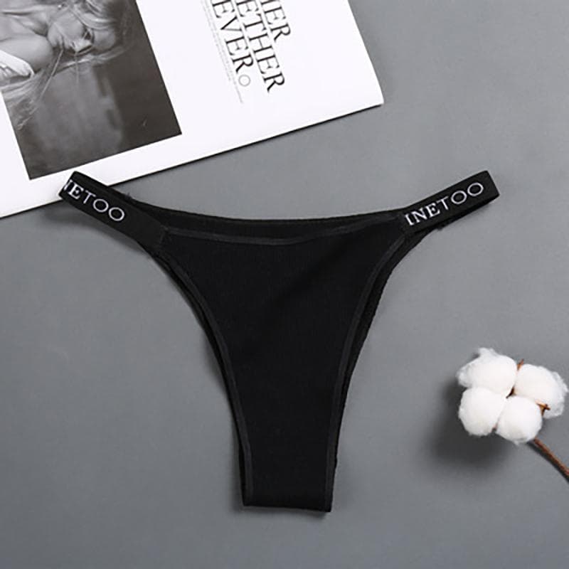 FINETOO Women's Thong High Waist Panties High Slit Cotton Underwear Threaded Cotton Letter Belt Briefs M black
