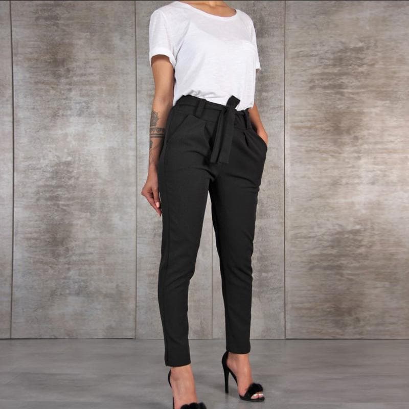 Women Slim High Waist Pants Solid Color Female Trousers Office Wear Fit Nine Points Pencil Pants L black