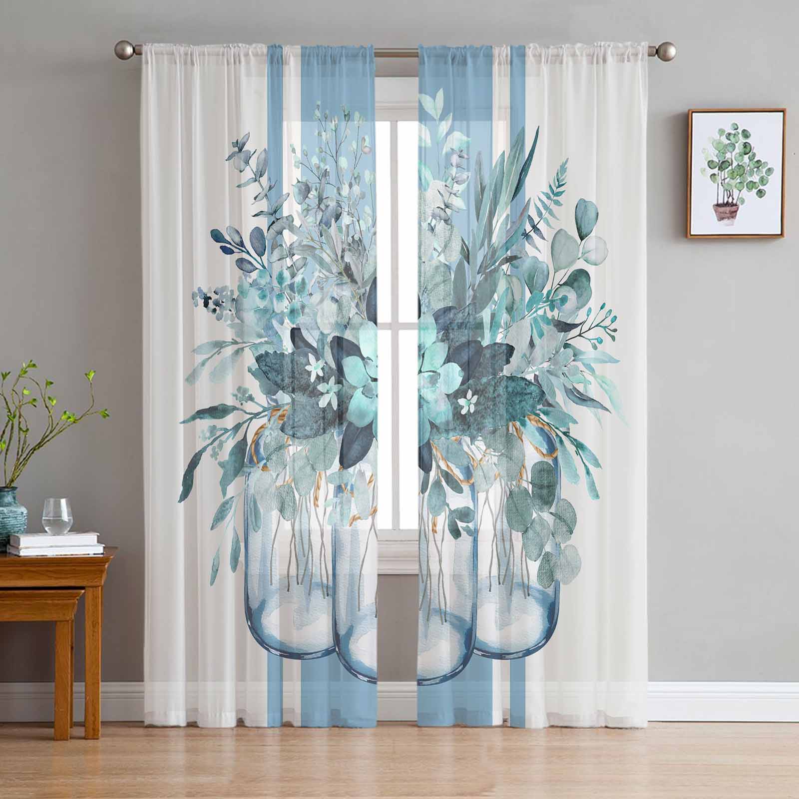 Spring Summer Eucalyptus Leaves Stripes Blue-Green Tulle Window Curtains for Bedroom Luxury Drapes in Living Room Chiffon Panels 135W x 114H(cm)