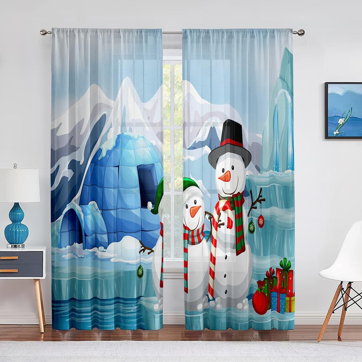 Christmas Voile Curtain Winter Season Snowman and Hat Scarf Window Tulle Curtains for Living Room Bedroom Kitchen Decorations 1 PCS W100XH250cm&Grommet Top