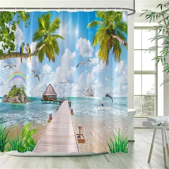 Ocean Landscape Shower Curtain Beach Palm Trees Parrots Dolphins Sea Waves Nature Scenery Bath Curtains Fabric Bathroom Decor W180xH180cm