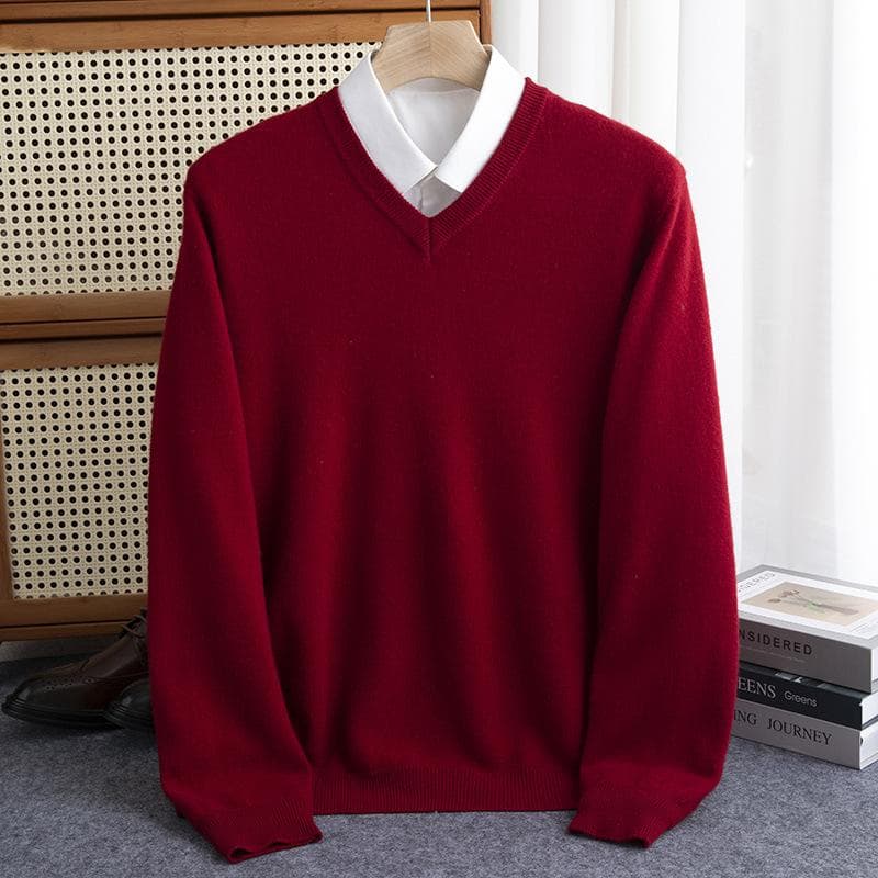 Men Merino Wool Sweater V-Neck Pullover Autumn Winter Cashmere Warm Solid Knitwear Clothes Business Bottoming Soft Tops L