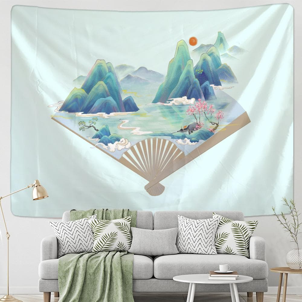 Chinese Antique Folding Fan Tapestry Wall Hanging Simple Art Bohemian Landscape Painting Aesthetics Room Home Decor 95x70cm