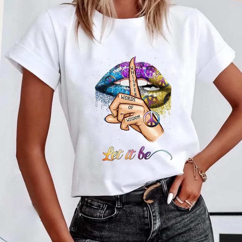 (Asian size) Short Sleeve Lip Love Sexy Trend Cute Lovely Women's Print Tee Top Summer Fashion Tshirt Woman Female Basic T Clothing Graphic T-shirts M