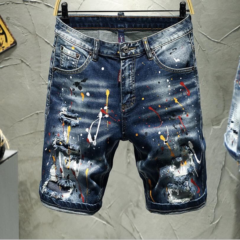 Men Summer Shorts Jeans Holes Denim Shorts Paint Casual Streetwear Jeasn Shorts High Quality Men Slim Fit Stretch Jeans 34 blue