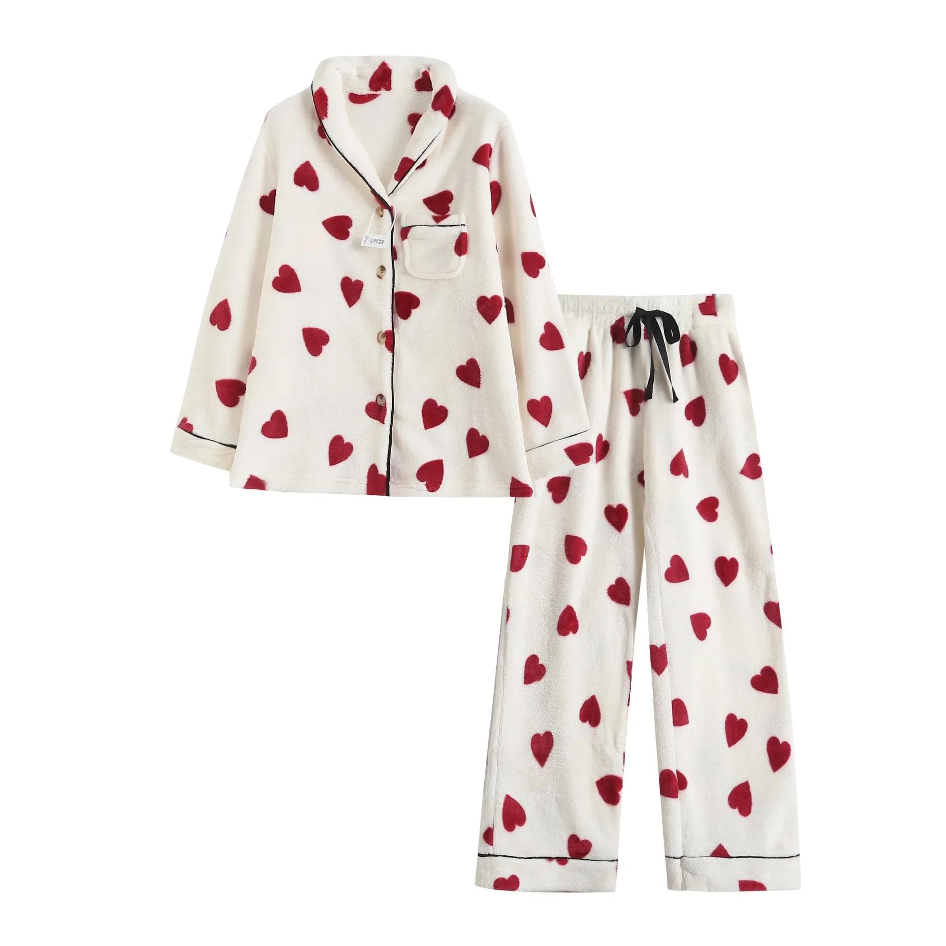 Autumn and Winter Thick Pajamas Women's 2-Piece Set Heart Shape Flannel Soft Homewear Button Long Sleeve Pajamas Pajamas Homewear S