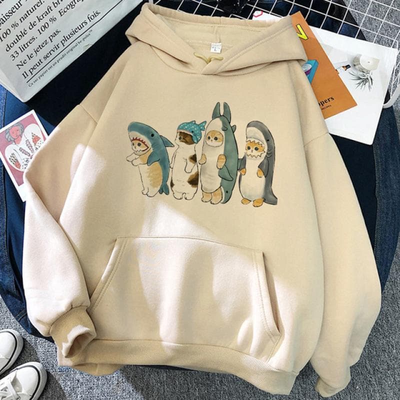 90s Y2k Cute Anime Funny Cartoon Cat Hoodie Women Harajuku Ullzang Kawaii Graphic Cat Sweatshirt Winter Warm Hoody Female L