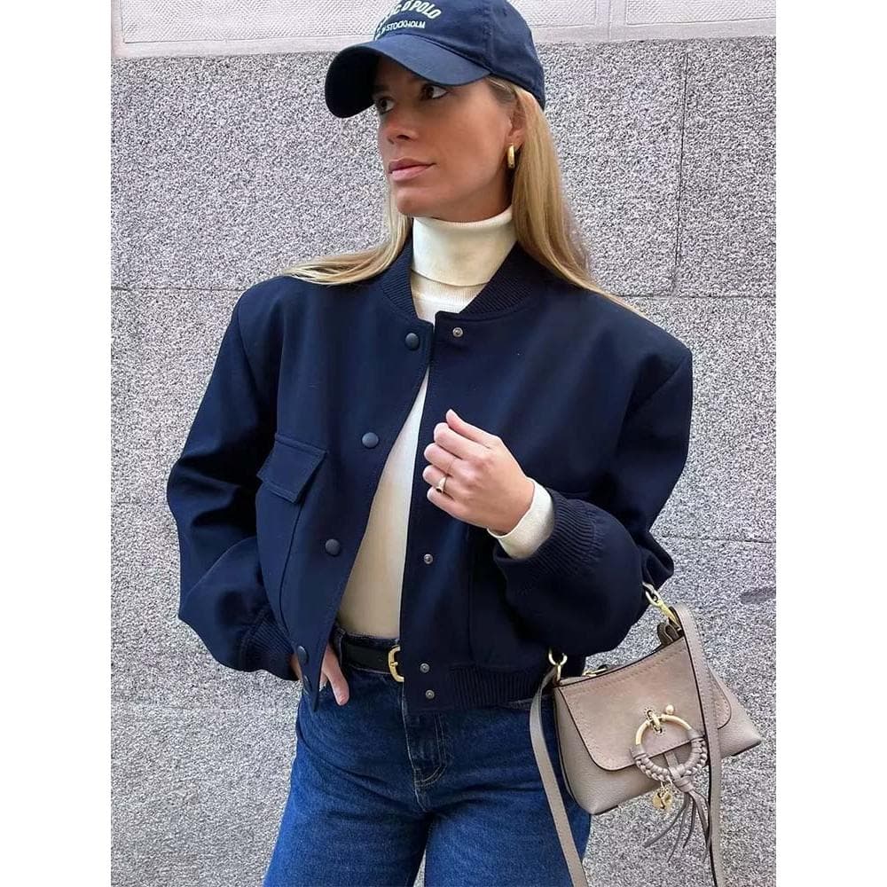 Women's Bomber Jacket Fashion With Pockets Spring Jackets Coat Vintage Long Sleeve Casual New In Outerwears Chic Tops S navy blue