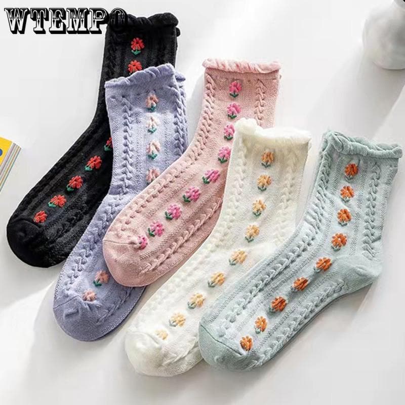 5pcs Socks Women Spring and Summer Jk Mid-calf Socks Wooden Ear Edge Japanese Cute Flower Girl Socks Sweet Lolita Cotton Stockings 5pcs