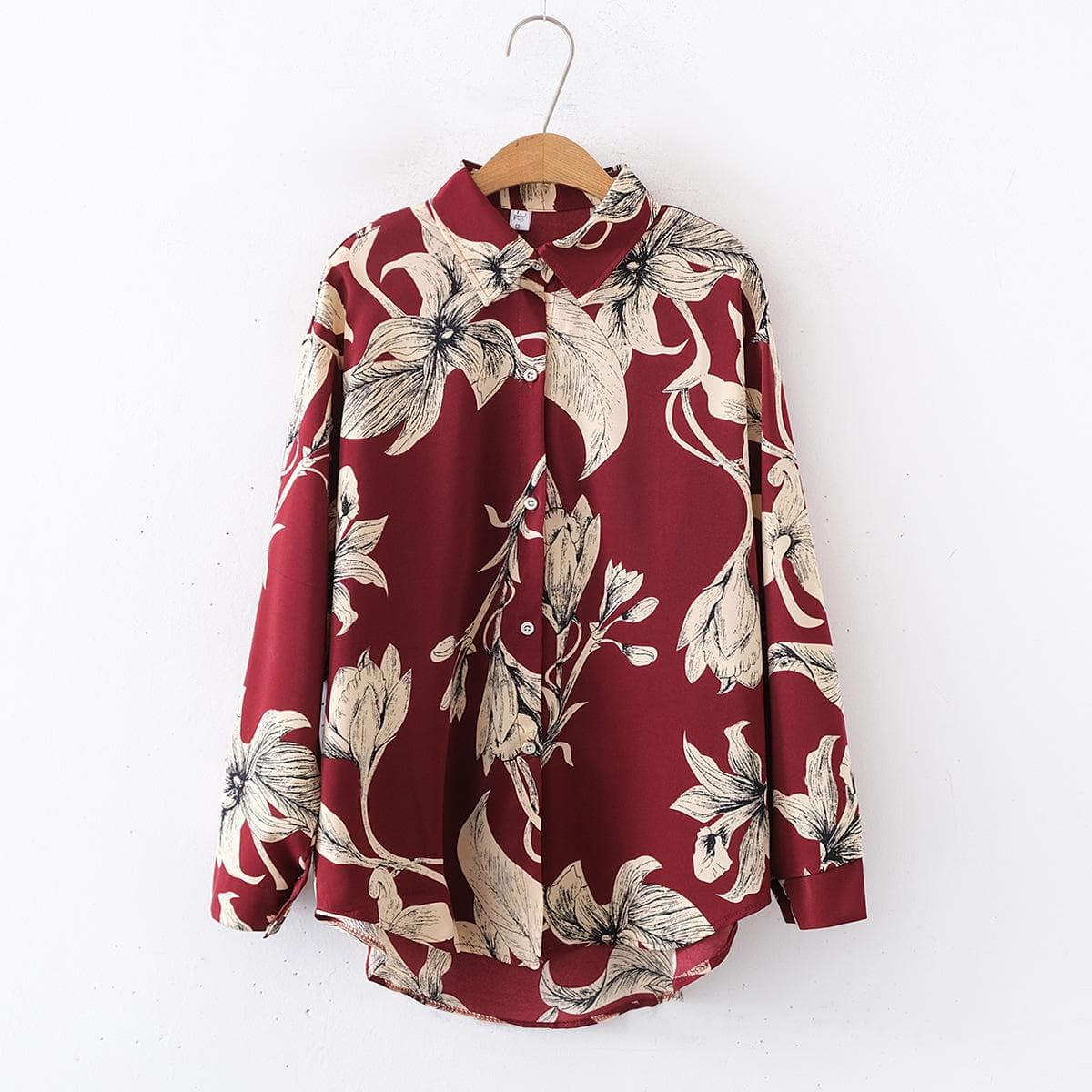 Women's New Floral Print Loose Collar Long Sleeved Fashionable Shirt XL