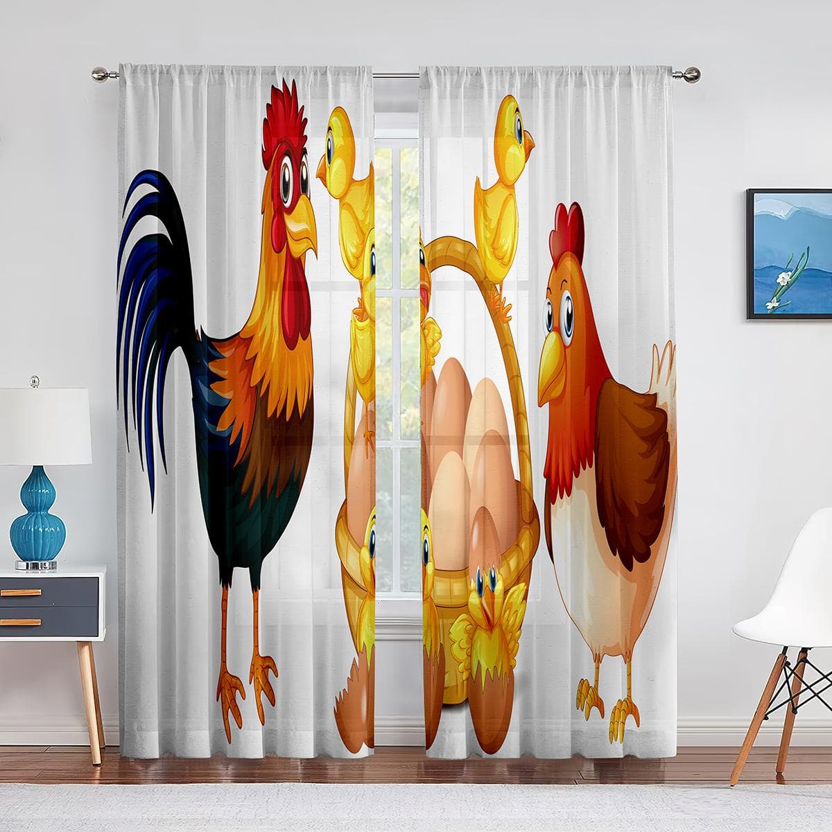 Cartoon Hen and Chicks Tulle Curtains for Living Room Bedroom Decoration Chicken Transparent Chiffon Sheer Voile Window Curtain 1 PCS W100XH250cm&Grommet Top