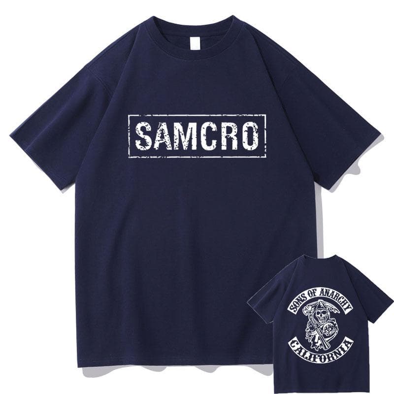 Sons of Anarchy SAMCRO Double Sided Print Tshirt Men Womnen Fashion Hip Hop Rock Tees Short Sleeve Summer Cotton T Shirts Tops S navy blue
