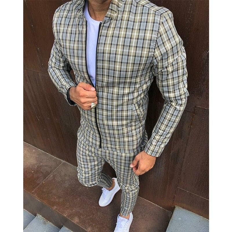 Tracksuit Men Sportsuits Gentlemen Set Zipper jacket suit Long Sleeve stripe Coat+Pants Gyms Men Set Casual Sportswear Suit M beige