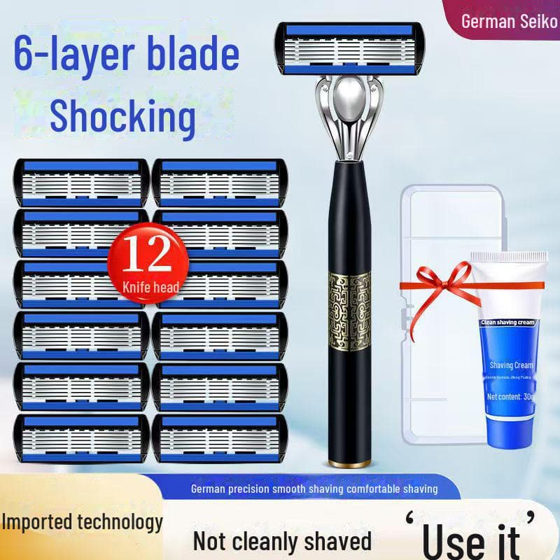 6-Layer Men's Razor with Holder and 12 Replacement Blades 1 knife holder + 9 blades