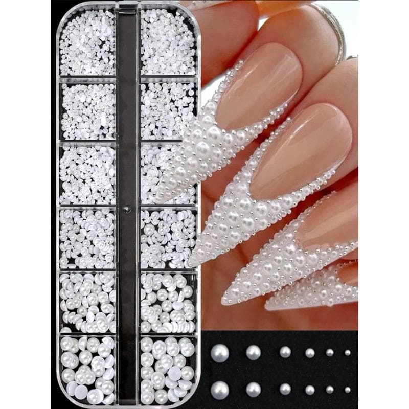 12 Grids 3D Semi-Circle White Simulation Pearl Nail Art Decorations, Semi-Circle Pearl Gems, DIY Nail Art Decor, Suitable For Home DIY Nail Art white