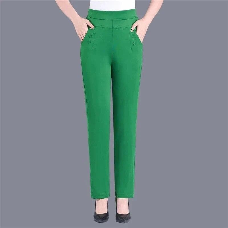 Women Thin Candy Colors Stretch Classic Pants Straight Trousers Mother Casual High Waist Pantalones Slim Ankle-Length Pants XL green