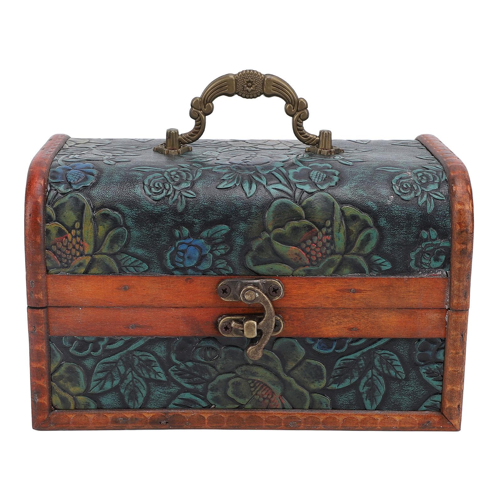 Vintage Wooden Jewelry Box Retro Treasure Chest Trinket Case with Handle Keepsake Decorative Box
