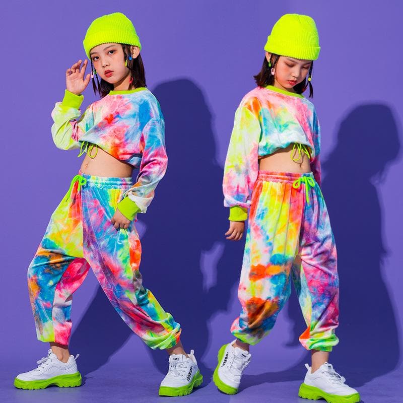 Girls Hip Hop Color Graffiti Sweatshirt + Jogger Pant Two-Piece Suits Kids Child Streetwear Sport Outfit Teens Jazz Street Dance Costume 4-15 Years 160cm