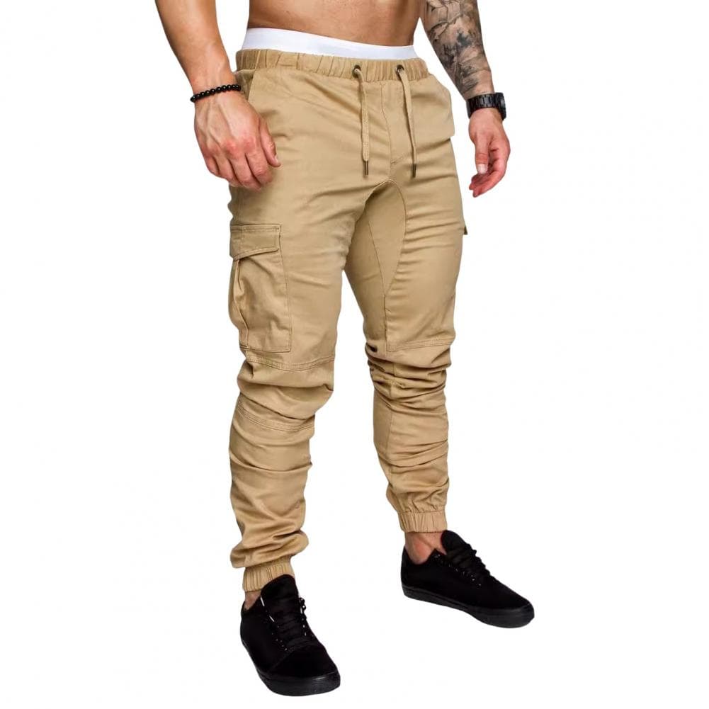 Men Cargo Pants Ankle-banded Thin Multi Pockets Drawstring Elastic Waist Solid Color Gym Traning Sweatpants Long Outdoor Trouser L khaki