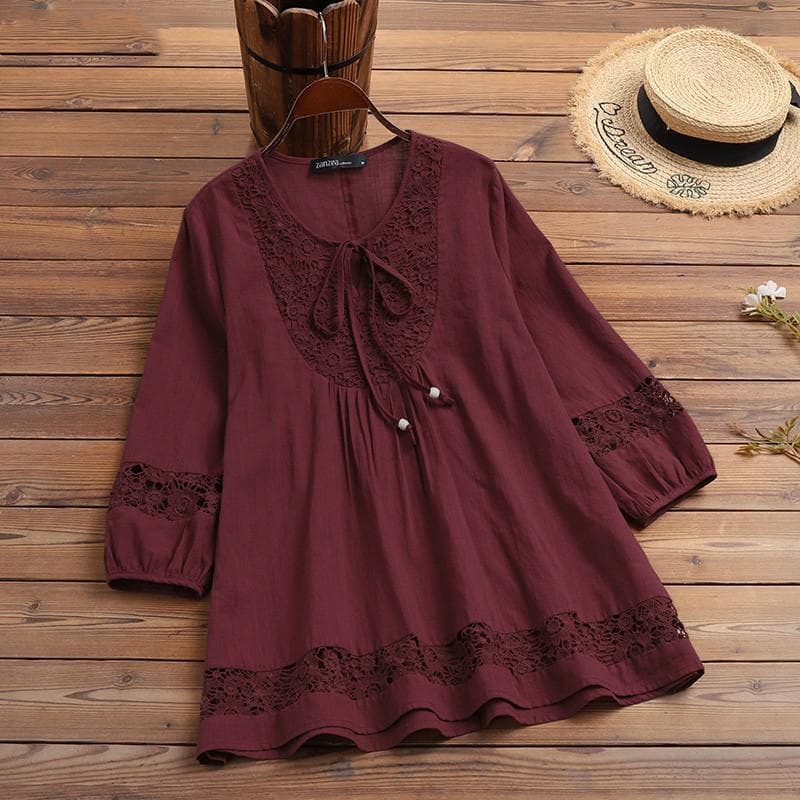 Cotton and Linen Splicing Lace Loose Top T-shirt L burgundy