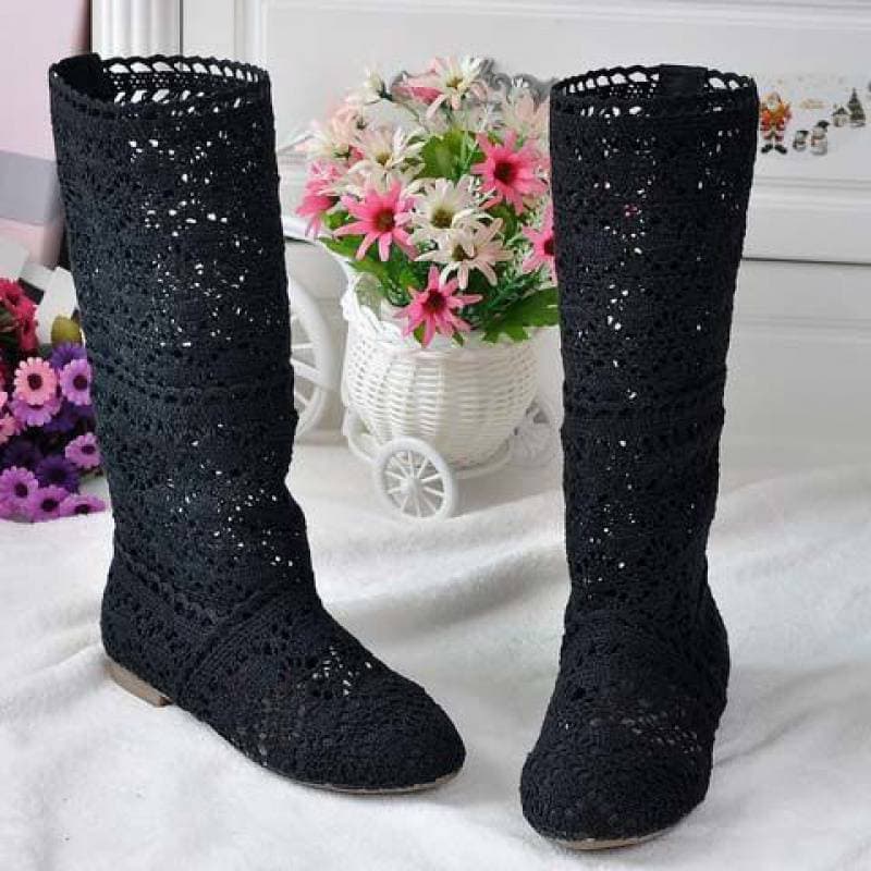 Lace Hollow Boots Shoes Breathable Knit Line Mesh Korean High Summer Women Boots Knee High Womens Shoes 40 black