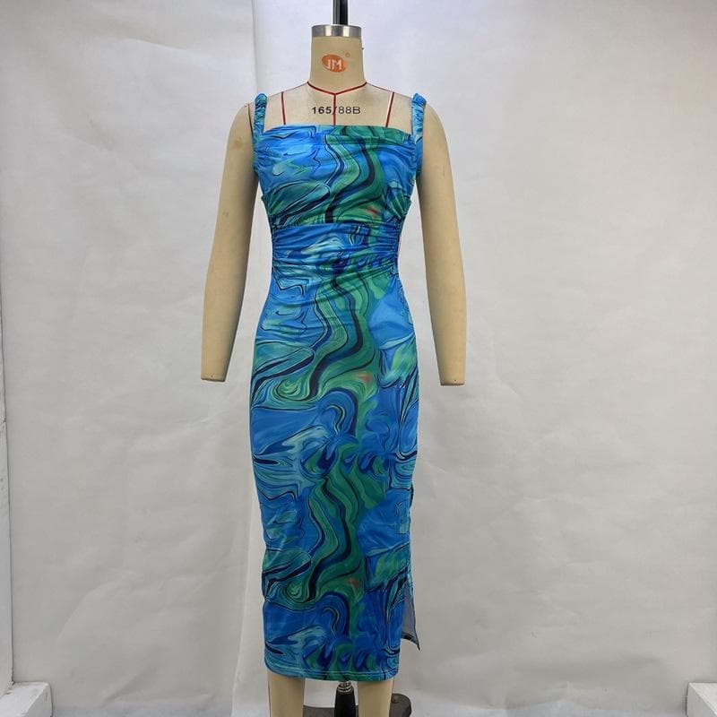 Style Women's Summer New Printed Backless Strap Slim Suspender Dress XL blue