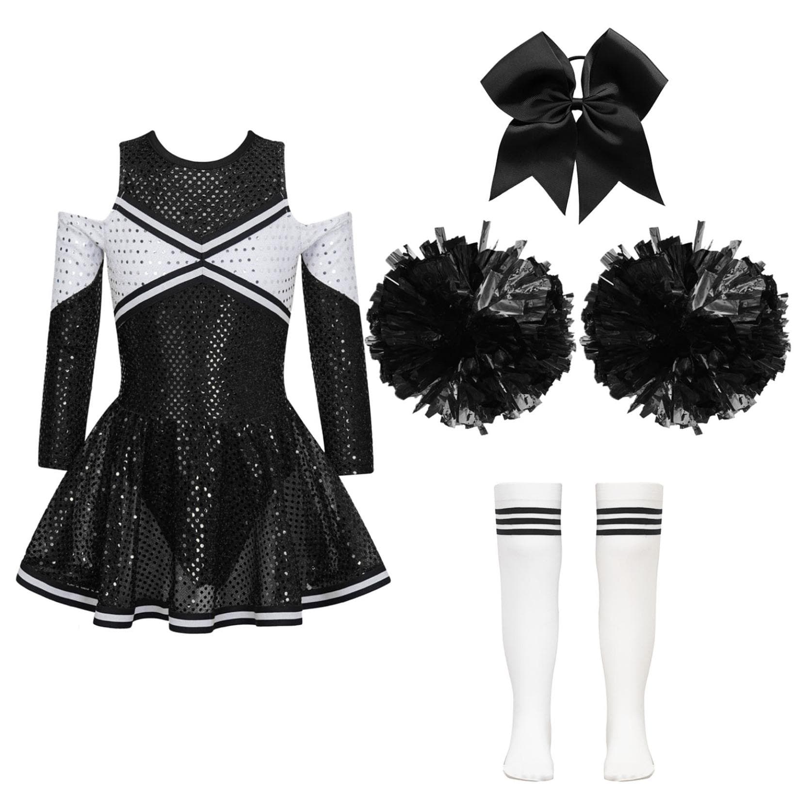 Cheerleading Costume for Girls Cheer Leader Sequins Long Sleeve Dress Set with Pom Poms Halloween Birthday Party 5-6 Years