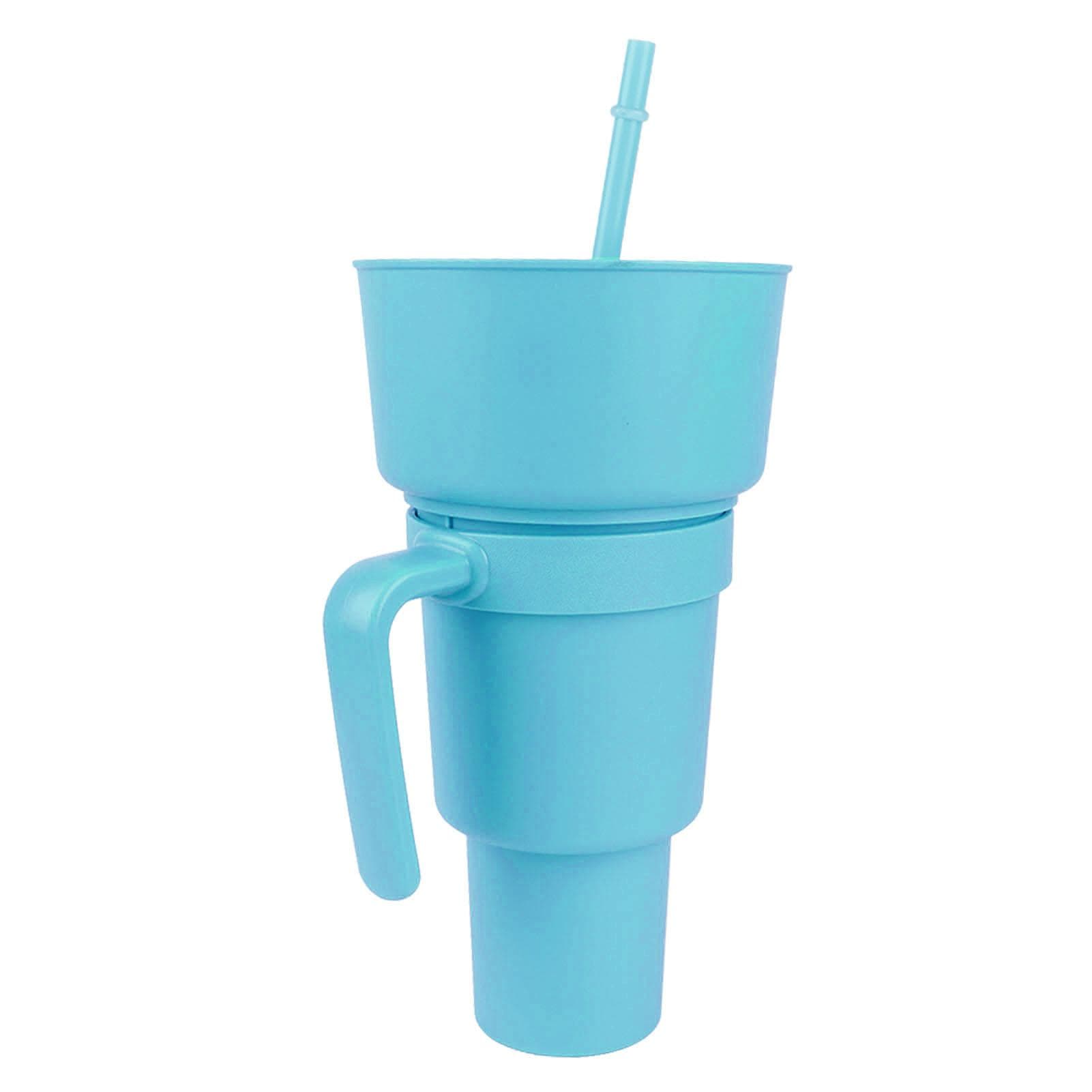 2 In 1 Snack Drink Cup with Straw Large Opening Plastic Beverage Cup Top Snack Bowl for Movie Light Blue