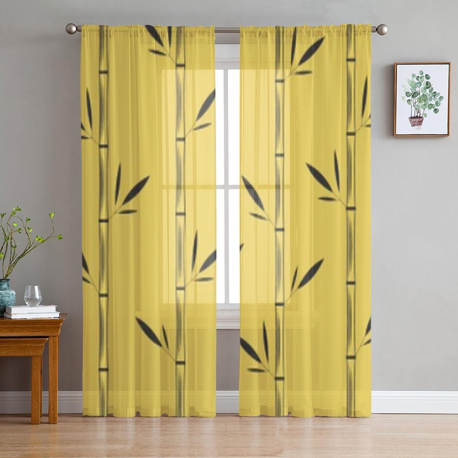 Bamboo Leaves Luxurious Chiffon Sheer Curtains for Living Room Bedroom Decoration Window Voiles Tulle Curtain 135W x 114H(cm)