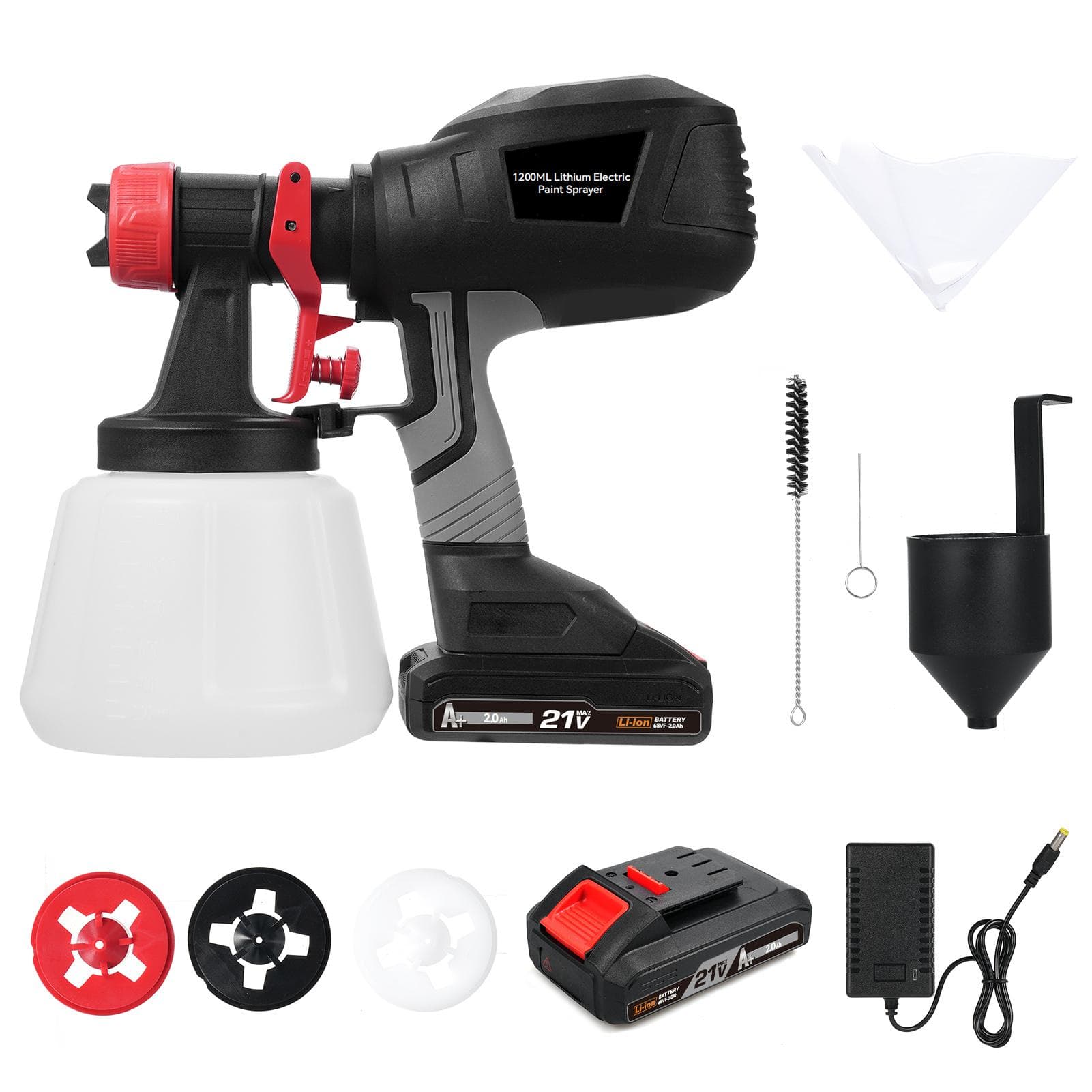 Electric Paint Sprayer with 2Pcs 21V 2.0Ah Batteries Spraying Machine with 4 Nozzle & 3 Spray US Plug black