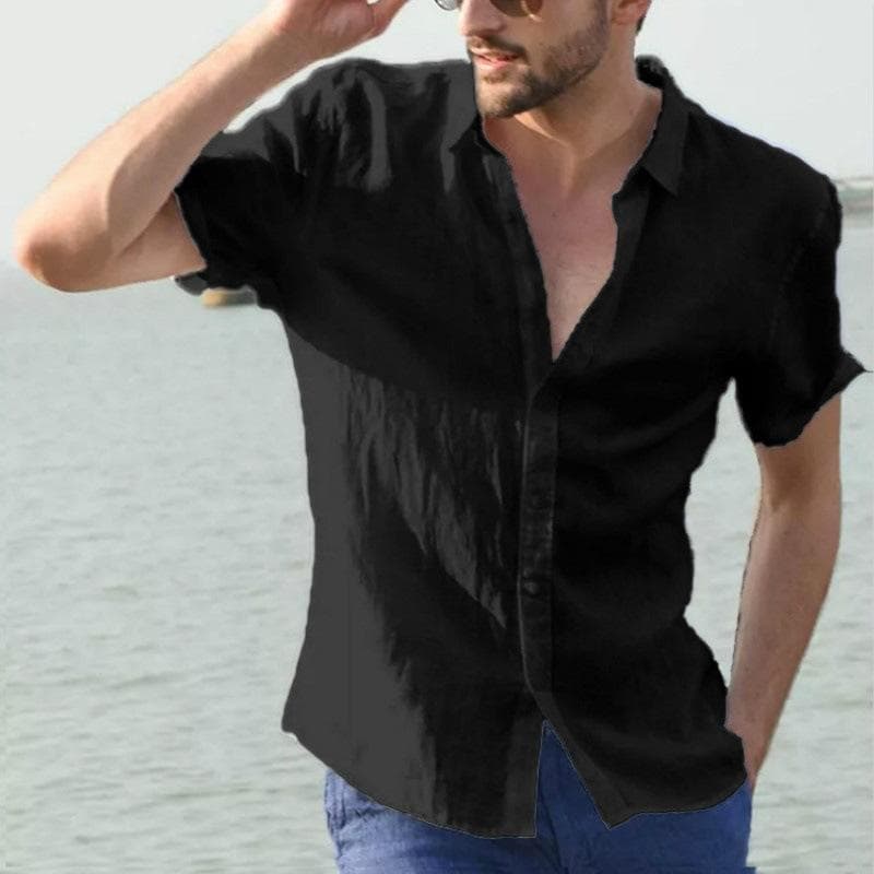 Solid Color Men's Casual Resort Short Sleeve Shirt XL black