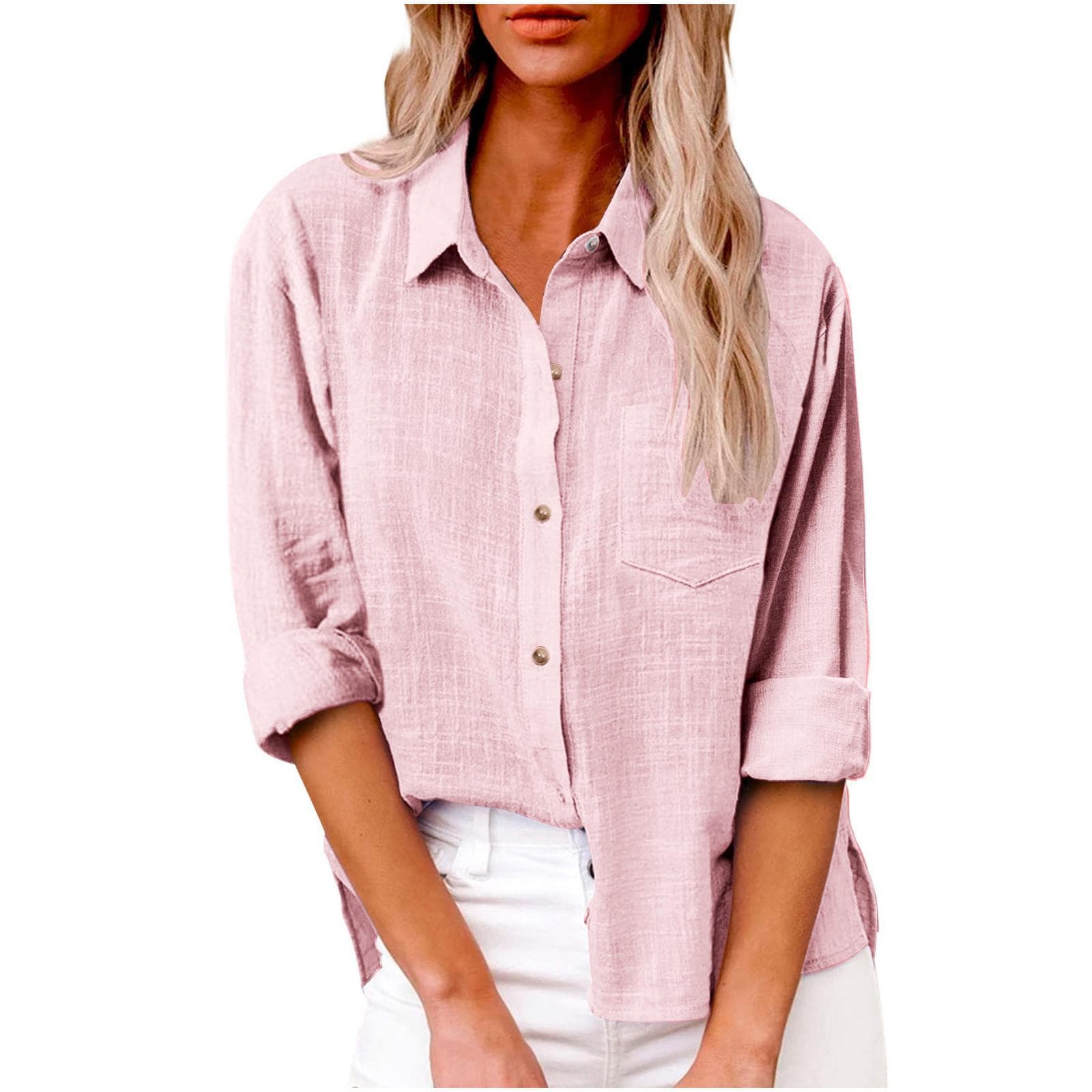 Thin Fabric Spring Autumn Pocket Split Long Sleeve Blouse Women's Breathable Soft Top Plus Size Cotton Linen Shirt 4XL light pink