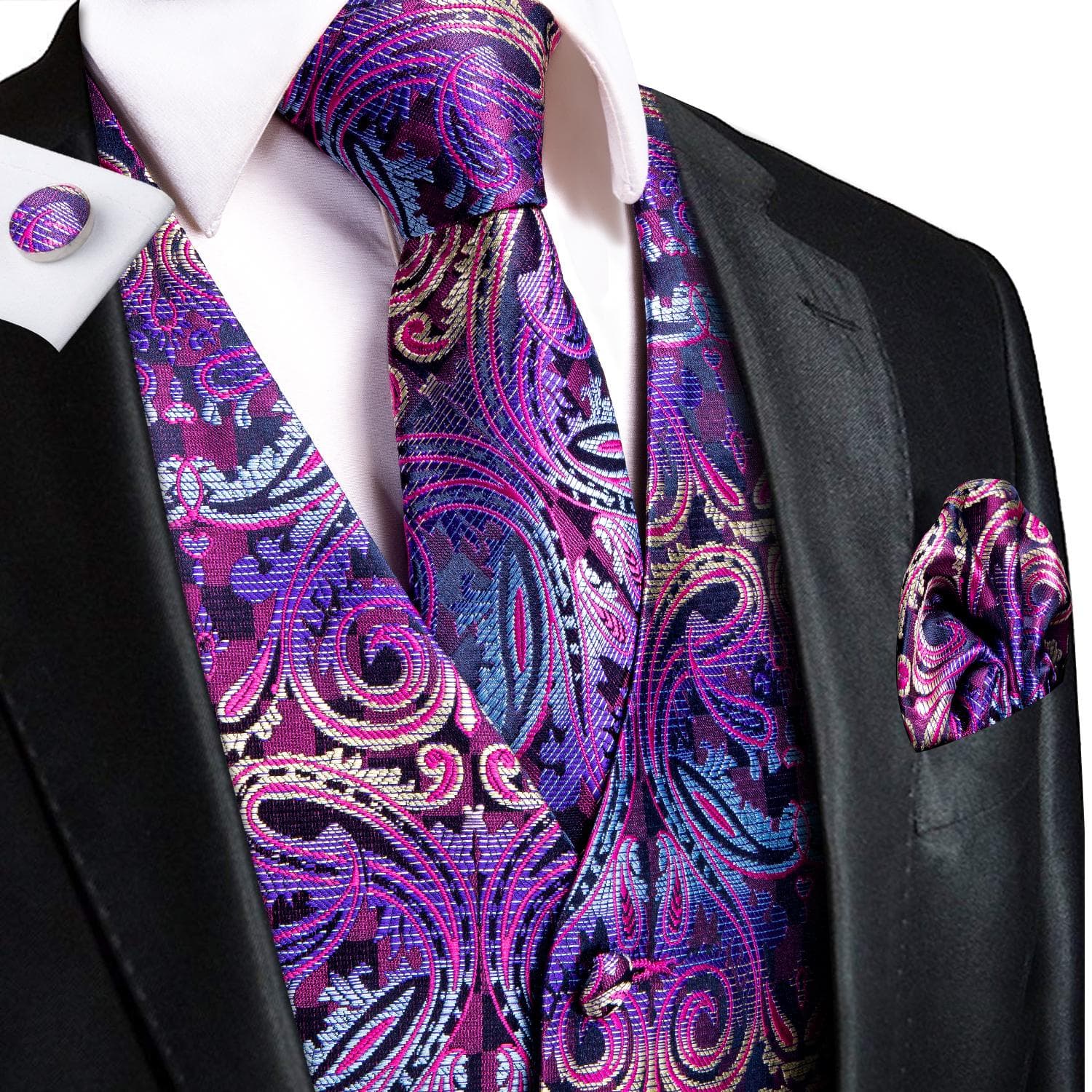 Hi-Tie Mens Waistcoat Silk Paisley Floral Tie Handkerchief Cufflinks SET Formal 3XL
