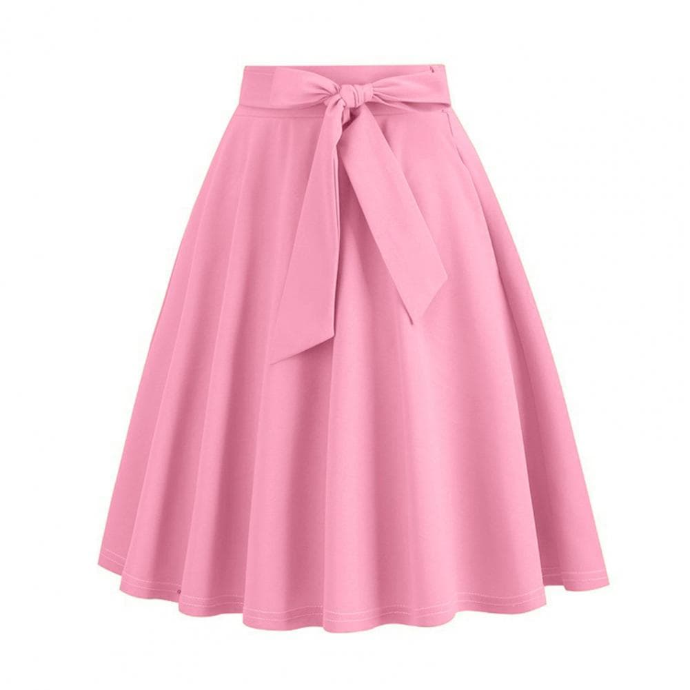 Women Skirt Belted Tight Waist Bow Decor A-line Big Swing Solid Color High Waist Soft Ruffle Summer Dating Party Midi Skirt M pink