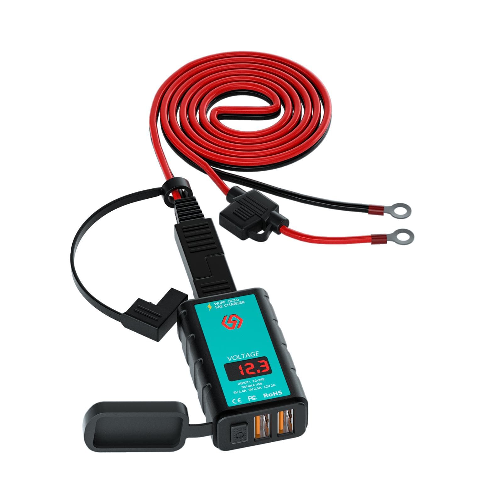 Motorcycle USB Charger Dual USB Motorcycle Quick Charge 3.0 with Voltmeter 1.4m OT Extension Cable black