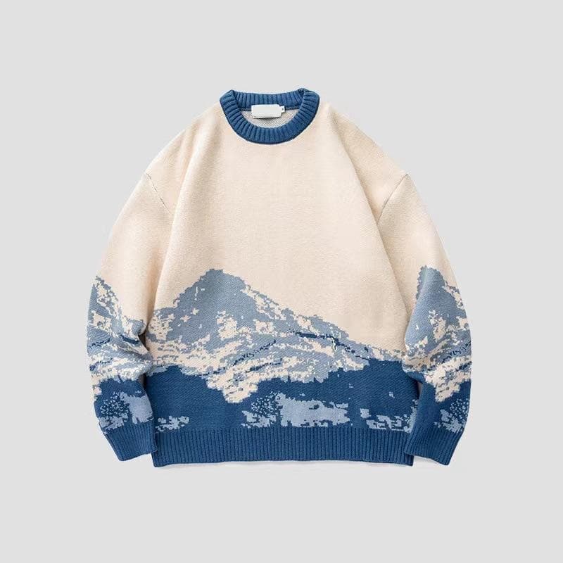 Autumn And Winter Tie-dye Snow Mountain Trendy Brand Round Neck Sweater Men's Loose Sweater College Long-sleeved Sweater For Men XL blue