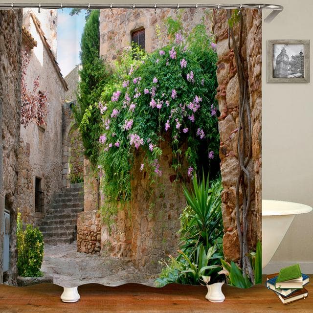 Home Wall Decor Shower Curtain 3D European Building Garden Flowers Patio Landscape Waterproof Polyester Bedroom Bathroom Curtain 150*180cm