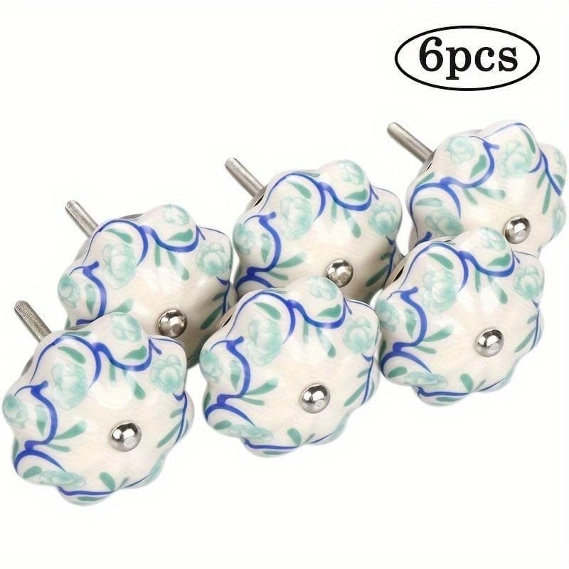 6pcs Vintage Knobs, Blue and White Floral Hand Painted Ceramic Pulls, Pumpkin Shaped Cabinet, Closet Drawer Door Knobs, Vine Botanical Patterns 6-Pack
